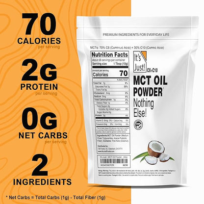 It's Just - MCT Oil Powder w/Prebiotic Fiber (1.5lbs) 70% C8 + 30% C10, Fast Fuel for Body & Brain Health, Keto Coffee Creamer, Non-GMO, 24oz