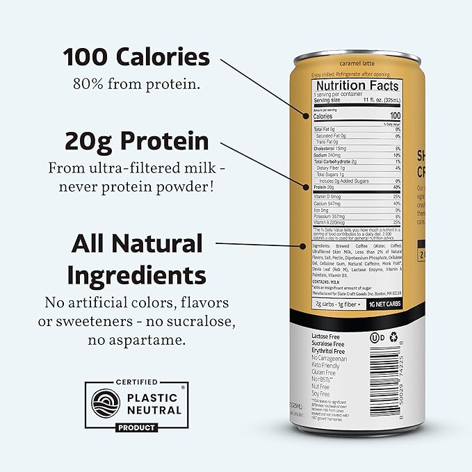 Slate Milk - High Protein Iced Coffee - Caramel Latte - 175mg Caffeine, Lactose Free Energy - 20g Protein, 1g Sugar, 100 Calories, 1g Net Carbs, No Sugar Added - Protein Coffee - 11 fl oz, 48 Cans