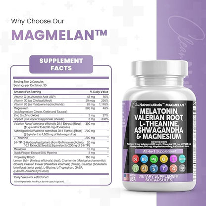 Clean Nutraceuticals Melatonin 10mg Valerian Root 6000mg L 200mg Ashwagandha 4000mg - 60 Caps