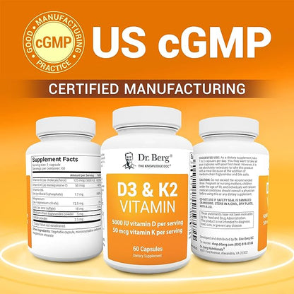 Dr. Berg D3 K2 Vitamin 5000 IU w/MCT Powder - Includes 50 mcg MK7 Vitamin K2, Purified Bile Salts, Zinc & Magnesium for Ultimate Absorption - K2 D3 Vitamin Supplement - 60 Capsules