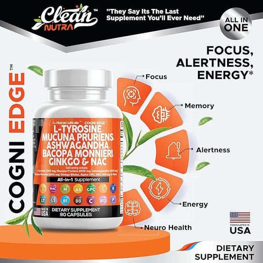 Clean Nutraceuticals L Tyrosine 1000mg Mucuna 6000mg Bacopa 500mg Ashwagandha 4000mg Focus 600mg NAC 5-HTP Ginkgo B1 B12 B12