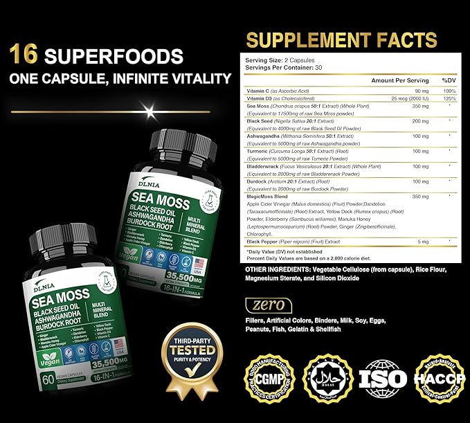 16-in-1 Organic Sea Moss 17500mg Ashwagandha 5000mg Black 4000mg Turmeric 5000mg Bladderwrack D3 with