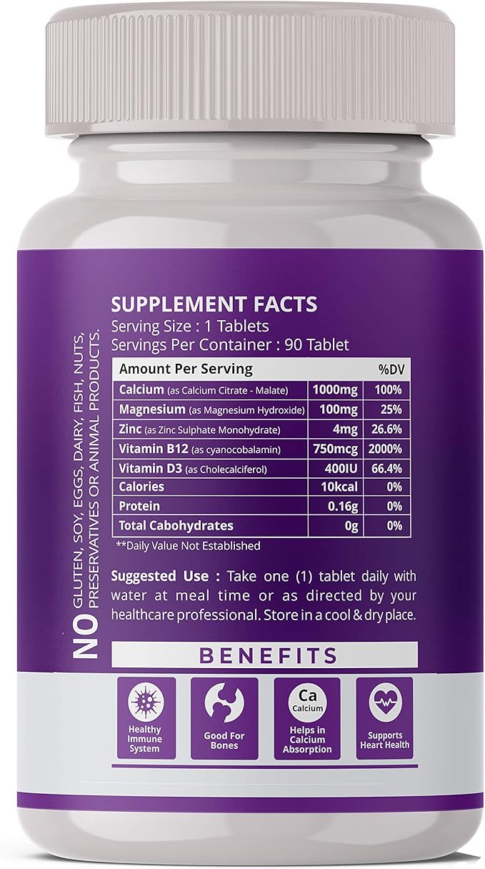 Hoag's Calcium, Magnesium, Zinc with Vitamin D3 and B12 for 90 Vegetarian