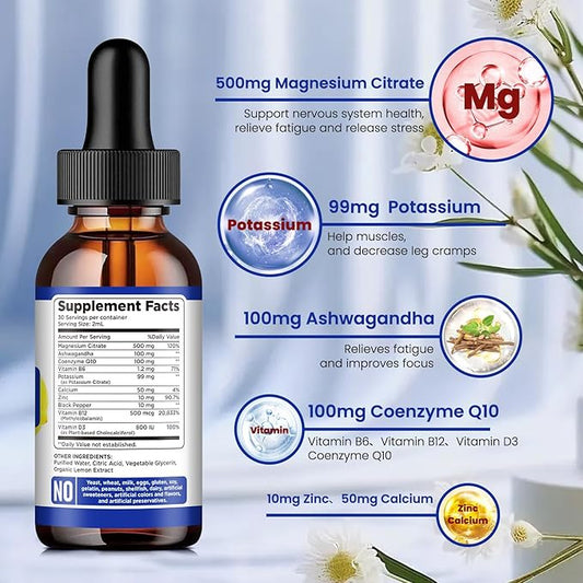 Potassium Magnesium Citrate Supplement, Liquid Magnesium 500mg with D3, B6, B6, B12, B12, CoQ10 CoQ10 - 2 fl