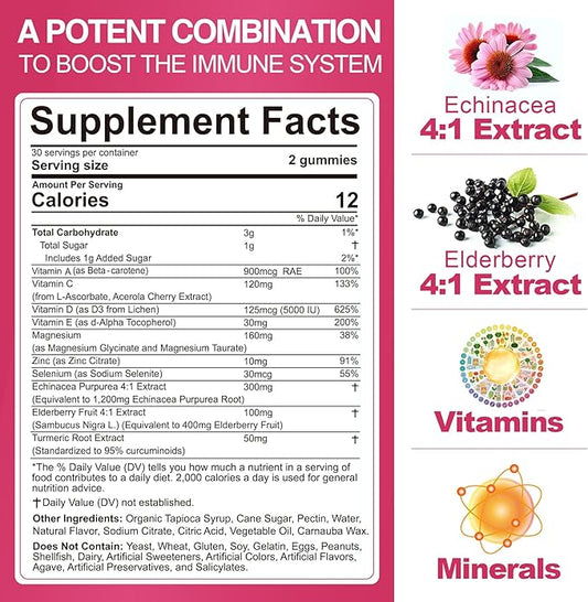 Multivitamin Gummies Daily Immunity Booster, Natural Herbal Elderberry, Echinacea, Turmericm, Vitamin A C, D3 5000IU, E, Zinc, Selenium, Magnesium Support Immune, Cellular Health & Bone Strong, 2 Pack