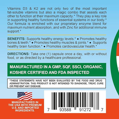 Life Infused Vitamin D3 + K2 Supercharged with Zinc and Enzymes, Help Maintain Healthy Immune System, Bone Health, Emotional Wellbeing, 90 Capsules.