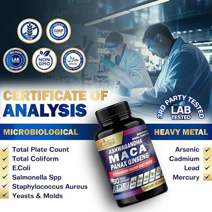 Organic Cadane Maca Root 9000mg Ashwagandha 900mg Panax 450mg Supplement 90 Capsules 3 Months