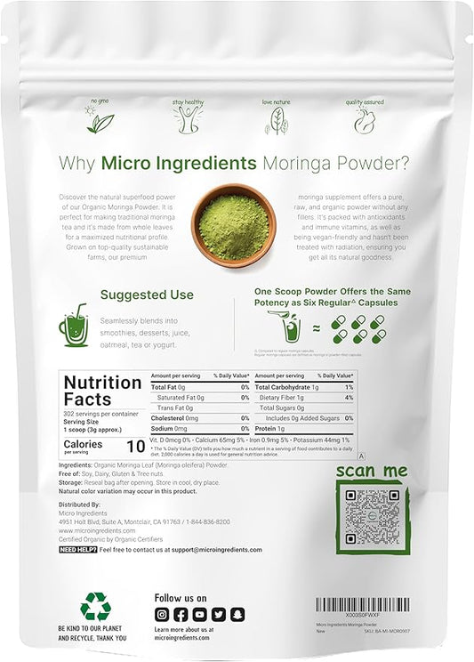 Organic Moringa Oleifera Leaf Powder, 2 Pounds, Rich in Antioxidants and Immune Vitamin, Great Superfoods for Moringa Tea, Moringa Drink, India Grown, Vegan