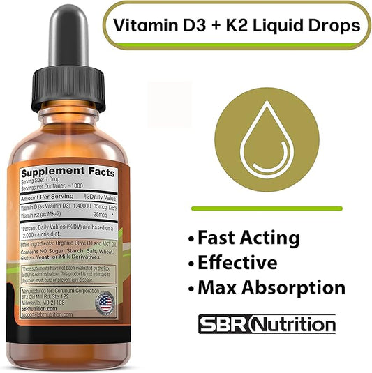 MAX Absorption, Vitamin D3 + K2 (MK-7) Liquid Drops with MCT Oil, Unflavored, Helps Support Strong Bones and Healthy Heart
