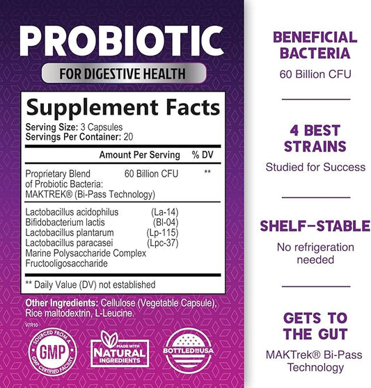 Probiotics 60 Billion CFU per Serving - 10 Strains + Prebiotics - Immune, Digestive & Gut Health Support, Supports Occasional Constipation, Gas & Bloating for Women & Men, Shelf Stable - 60 Capsules