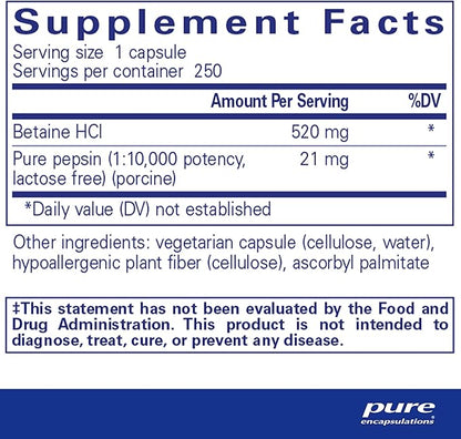 Pure Encapsulations Betaine HCl Pepsin 250 Capsules