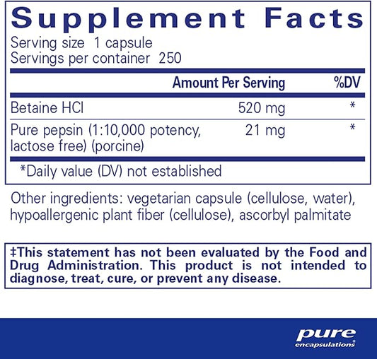 Pure Encapsulations Betaine HCl Pepsin 250 Capsules