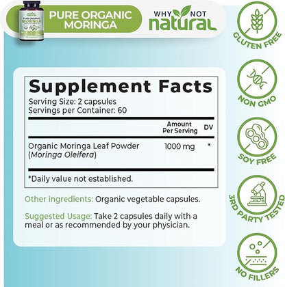 Why Not Natural Organic Moringa Capsules - Green superfood Powder Supplement Pills - Maringa
