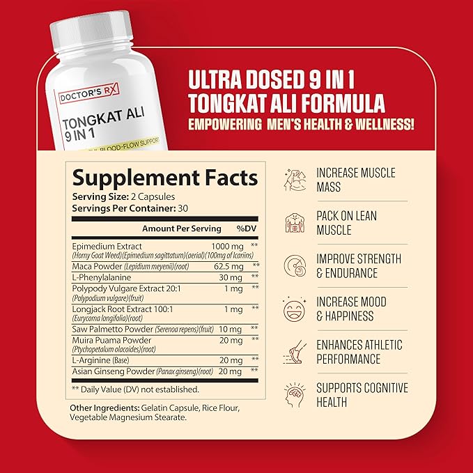 Doctor's RX || #1 New 9 in 1 Tongkat Ali + Horny Goat Weed || Maximize Blood Flow, Increase Mood & Stamina | Ultra Dosed Formula w/ 9 Powerful Ingredients | Research Backed + USA Made - 60 Capsules