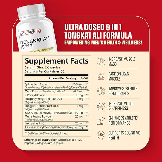 Doctor's RX || #1 New 9 in 1 Tongkat Ali + Horny Goat Weed || Maximize Blood Flow, Increase Mood & Stamina | Ultra Dosed Formula w/ 9 Powerful Ingredients | Research Backed + USA Made - 60 Capsules