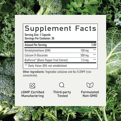 DIM Supplement with Calcium D-Glucarate for Estrogen & Hormone Balance for Women & Men | Detox & Cleanse, Hormonal Acne, Menopause & CDG for Liver Support | Non-GMO, Third-Party Tested | 30ct, White