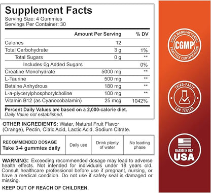 120 Creatine Monohydrate Gummies for Men & Women, Vegan-Friendly, Sugar-Free, & Tasty Chewables - Instantized Creatine Gummies (120 Count (Pack of 1), Orange)
