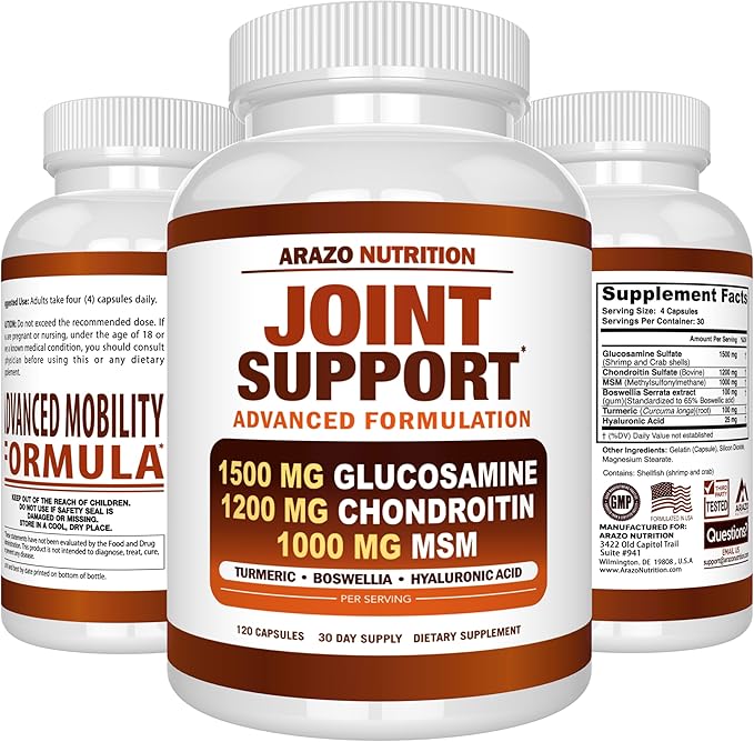 Arazo Nutrition Glucosamine Chondroitin Turmeric Msm Boswellia - Joint Support Supplement for Relief 120 Capsules for Bones, Back, Knees, Hands (120 Capsules)