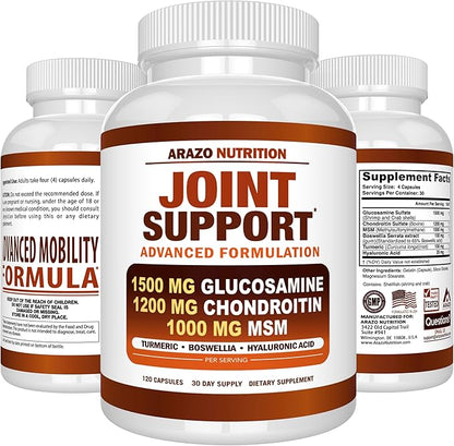 Arazo Nutrition Glucosamine Chondroitin Turmeric Msm Boswellia - Joint Support Supplement for Relief 120 Capsules for Bones, Back, Knees, Hands (120 Capsules)