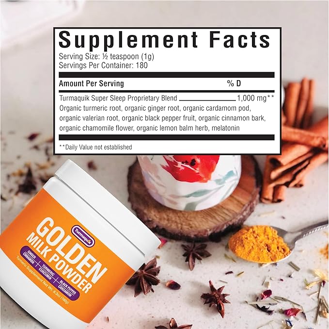 Turmaquik Organic Golden Milk Turmeric Powder Mix + Superfood Blend of Ginger, Black Pepper, Curcumin, Cinnamon, Cardamom - Non-GMO, Vegan, Keto, Ayurvedic