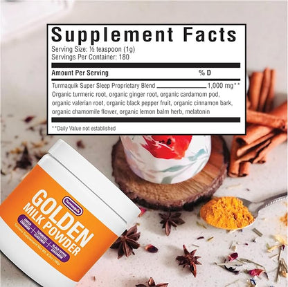 Turmaquik Organic Golden Milk Turmeric Powder Mix + Superfood Blend of Ginger, Black Pepper, Curcumin, Cinnamon, Cardamom - Non-GMO, Vegan, Keto, Ayurvedic