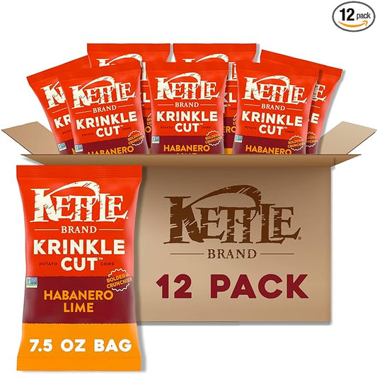 Kettle Brand Potato Chips, Krinkle Cut, Habanero Lime Kettle Chips, 7.5 Oz (Pack of 12)