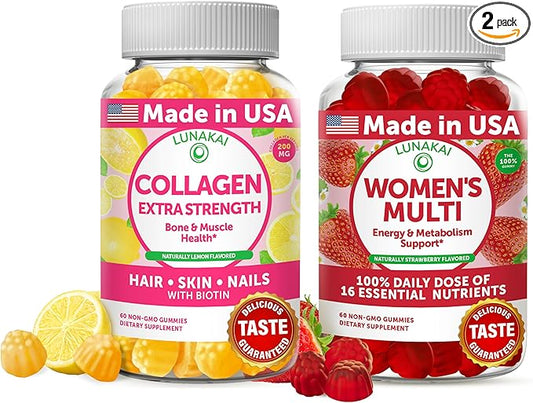 Lunakai Collagen and Women's Multivitamin Gummies Bundle 100% Daily 16 Essential 30 Days