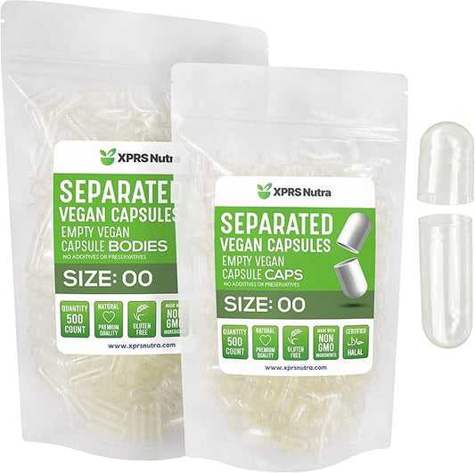XPRS Nutra Vegan Size 00 Separated Capsules - 500 Count Premium Empty Capsules Separated in Bags - Clear Empty Capsules - Separated Empty 00 Capsules - Pill Capsules Empty for DIY Supplement Filling