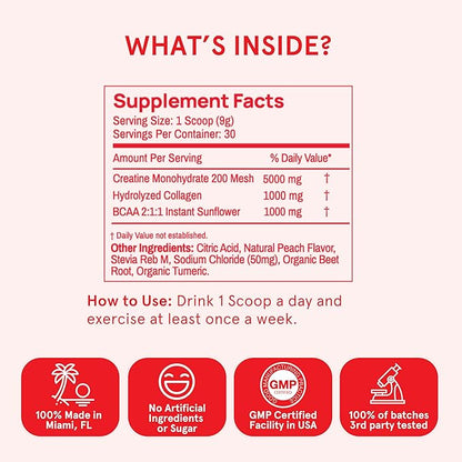 Creatine Monohydrate Powder, Glute Builder Creatine for Women with Collagen, BCAAs, 5g Vegan Micronized Creatine per Serving, for Energy, Muscle Support, 30 SVG, Peach Flavor