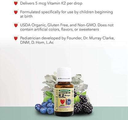 CHILDLIFE Essentials Organic Vitamin K2 Drops - Infant Toddler Baby Vitamin K, K2 Supplement, Vitamin K2 MK7, Liquid K2, Vitamin K Drops - Natural Berry Flavor, 0.25 Fl Oz (Pack of 1)
