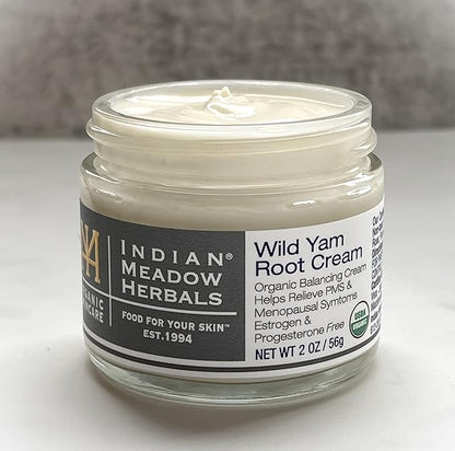 Indian Meadow Herbals Wild Yam Root Cream (2oz) - USDA Certified Organic Balancing Cream for PMS & Menopause Relief - Estrogen & Progesterone-Free. Handmade By US. Woman-owned & Operated Since 1994.