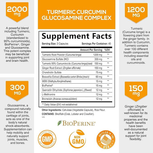 Turmeric Curcumin with BioPerine, Ginger & 95% Curcuminoids 2000mg Black 120 Capsules
