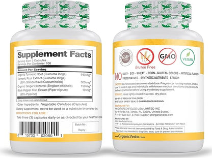 Organic Veda Turmeric and Ginger Capsules 300 Pills (95% curcuminoids)