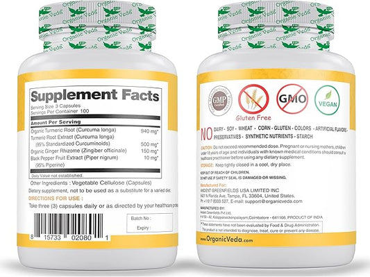 Organic Veda Turmeric and Ginger Capsules 300 Pills (95% curcuminoids)