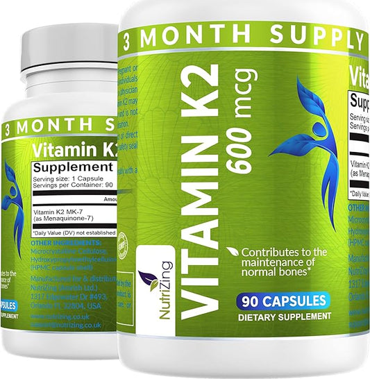 NutriZing K2 Vitamin Supplement MK-7 600mcg - 90 Vegan K2 for 3 Month