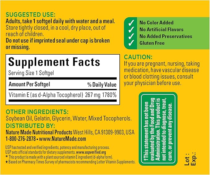 Nature Made Vitamin E 267 mg (400 IU) 100 Softgels, 100 Day
