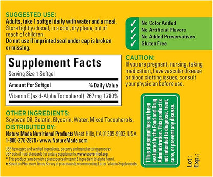 Nature Made Vitamin E 267 mg (400 IU) 100 Softgels, 100 Day