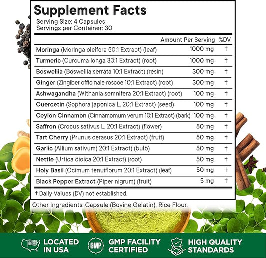 Turmeric Moringa 50000mg Supplement | Ginger Boswellia 3000mg Saffron 2000mg Holy Basil- Joint Support Supplement for Women and Men with Ceylon Cinnamon, Quercetin, Tart Cherry- 360 Count
