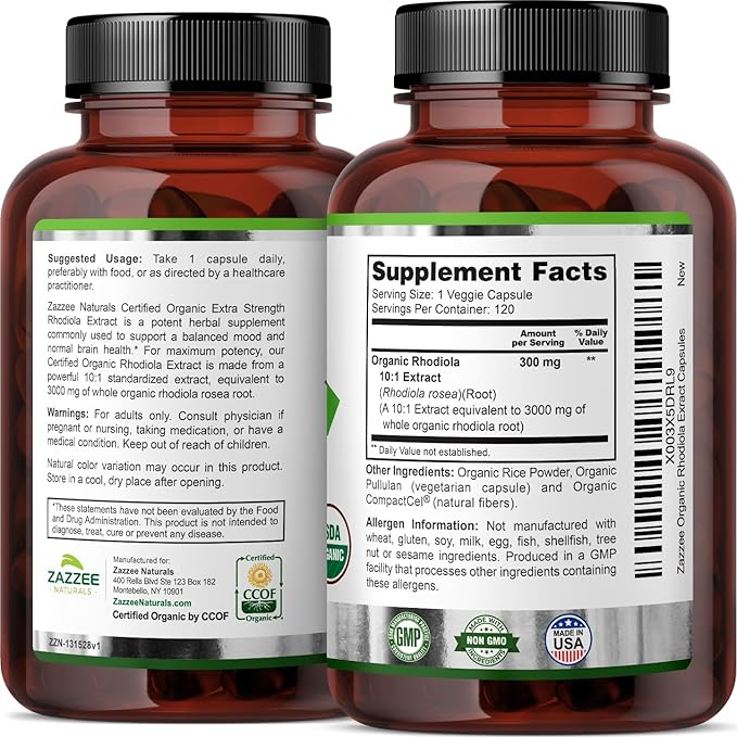 Zazzee USDA Organic Rhodiola 10:1 Exract, 3000 mg 120 Capsules, 4 Month 10X Extract, 100% Vegetarian,