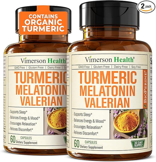 Turmeric, Melatonin & Valerian Root Sleep Aid Supplement. Natural Sleep Aid for Adults with L-Theanine, Ginger & Black Pepper Extract. Melatonin 3mg, Valerian Root Capsules. Relaxation Support. 2-Pack
