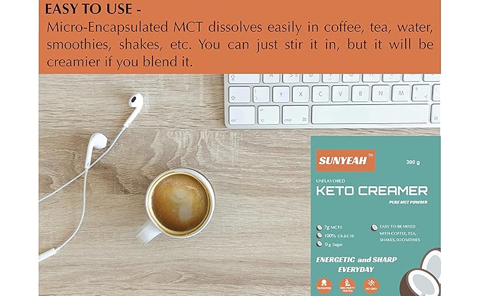 SUNYEAH MCT Powder- MCT Oil Powder, KETO Coffee Creamer, Pure C8 C10, No-Sugar, From coconut, 300 g, Excellent in Coffee, Tea, Water, Shakes, Smoothies, Unflavoured, No-GMO