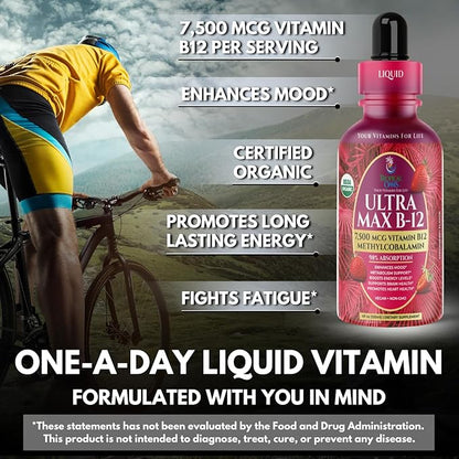 USDA Organic Ultra Max B12 | Superdose 7500mcg Vitamin B12 Liquid Drops | B12 as Methylcobalamin| Max 98% Absorption Rate | Promotes Energy| Vegan, Non-GMO, Strawberry flavor -4oz