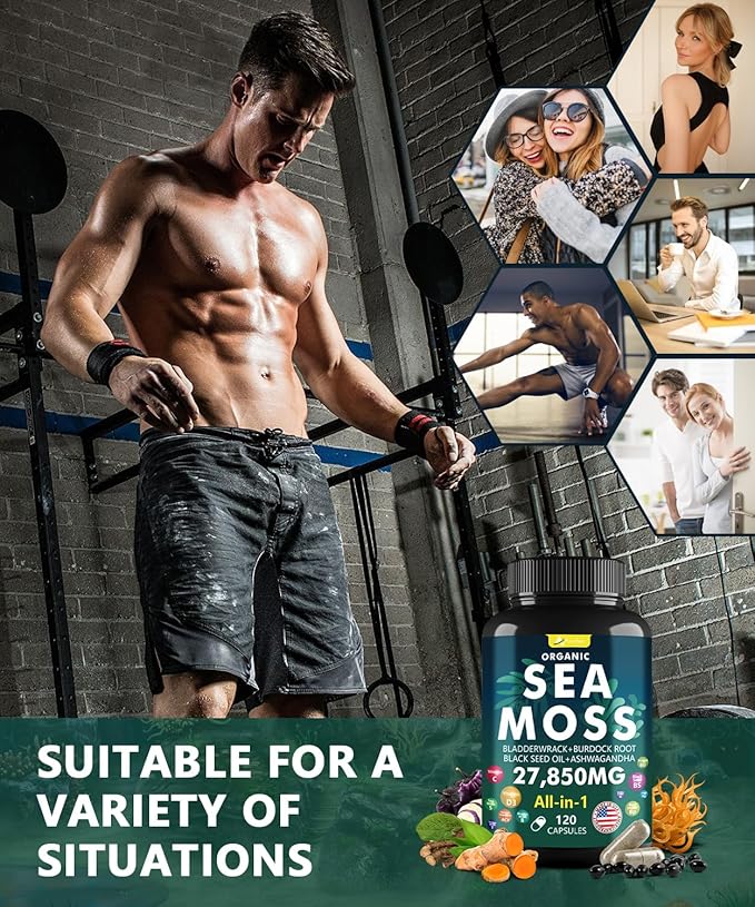 Sea Moss Capsule Complex with Sea Moss, Black Seed Oil, Aşhwagandha, Ginger & Vitamins C, D3-120 Capsules,Superfood Supplements - Advanced Seamoss Pills, Wild Sea Moss Pills, Made in USA