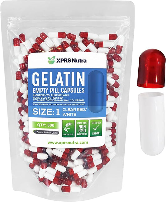 XPRS Nutra Size 1 Empty Capsules - 500 Count Empty Gelatin Capsules - Empty Pill Capsules - DIY Capsule Filling - Pure Bovine Pill Capsules Empty Gel Caps (Clear Red/White)