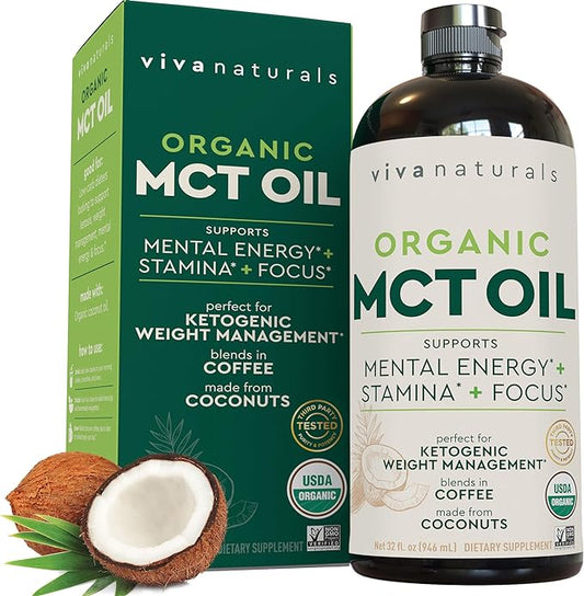Viva Naturals Organic MCT Oil 32 fl oz - Best MCT Oil Organic for Coffee, MCT Coconut Oil Supports Energy & Mental Clarity, USDA Organic, Non-GMO, Paleo & Keto Certified, MCT Wellness