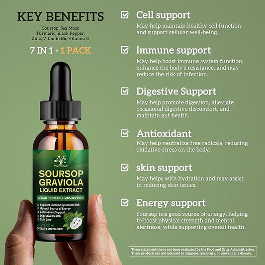 (1 Pack) Soursop Liquid Drops Plus Sea Moss Extract, Graviola Soursop Bitters Liquid Extract for Cell Support & Regeneration, Immune Boost, Liver and Sleep, Soursop Oil Herbal Goodness, 1 Fl Oz
