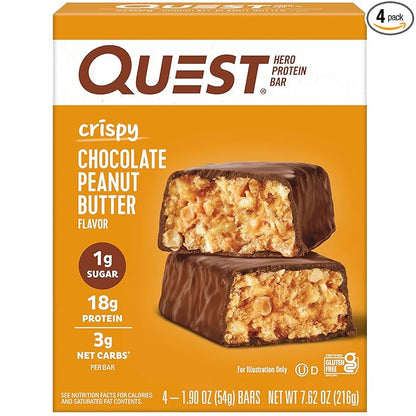 Quest Nutrition Crispy Chocolate Peanut Butter Hero Protein Bar, 18g Protein, 1g Sugar, 3g Net Carb, Gluten Free Protein Snack, Keto Friendly, 4 Count