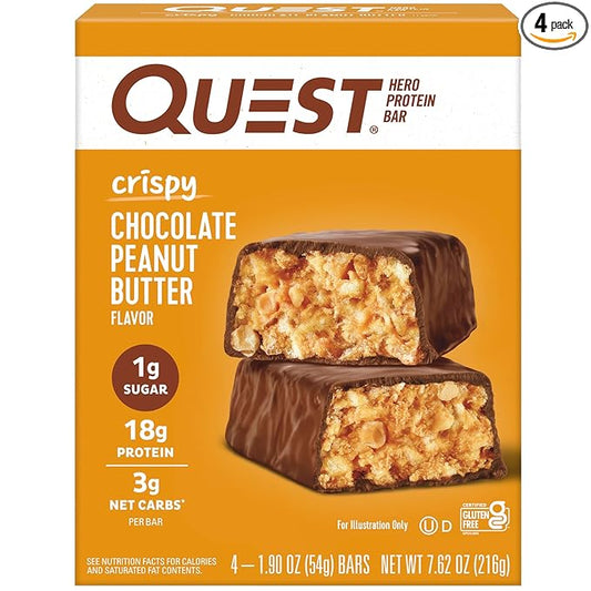 Quest Nutrition Crispy Chocolate Peanut Butter Hero Protein Bar, 18g Protein, 1g Sugar, 3g Net Carb, Gluten Free Protein Snack, Keto Friendly, 4 Count