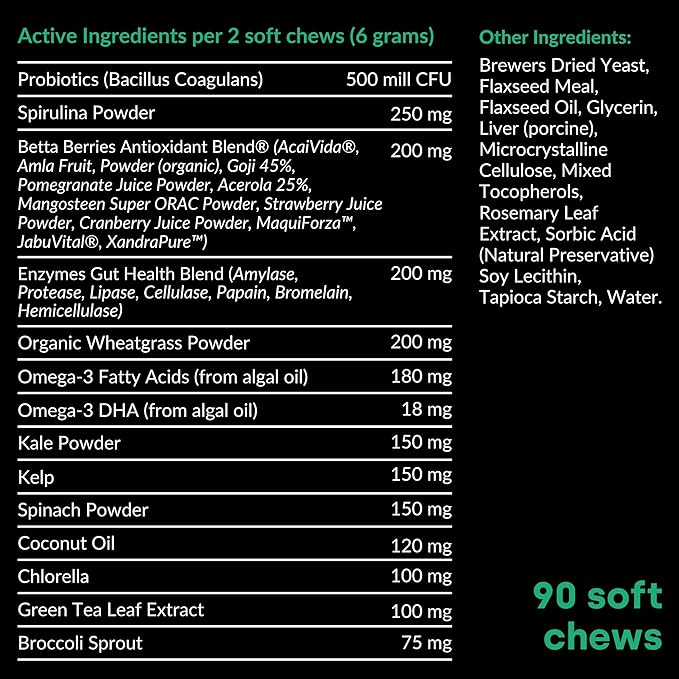Doggie Greens - Natural Dog Vitamins & Probiotics for Dogs. No Messy Powder. Includes Spirulina, Kelp & Antioxidant Berry Mix. 6-in-1 Dog Supplements & Vitamins Chews. Super Greens for Dogs.