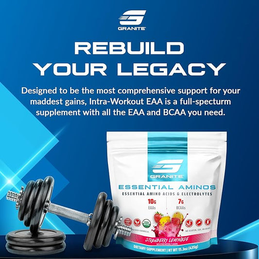 Granite 10g Essential Amino Acids Powder | Muscle Recovery Supplement for Muscle Growth | 7g BCAA Powder with Electrolytes | 30 Servings | Strawberry Lemonade Flavor | Soy & Gluten Free | Made in USA